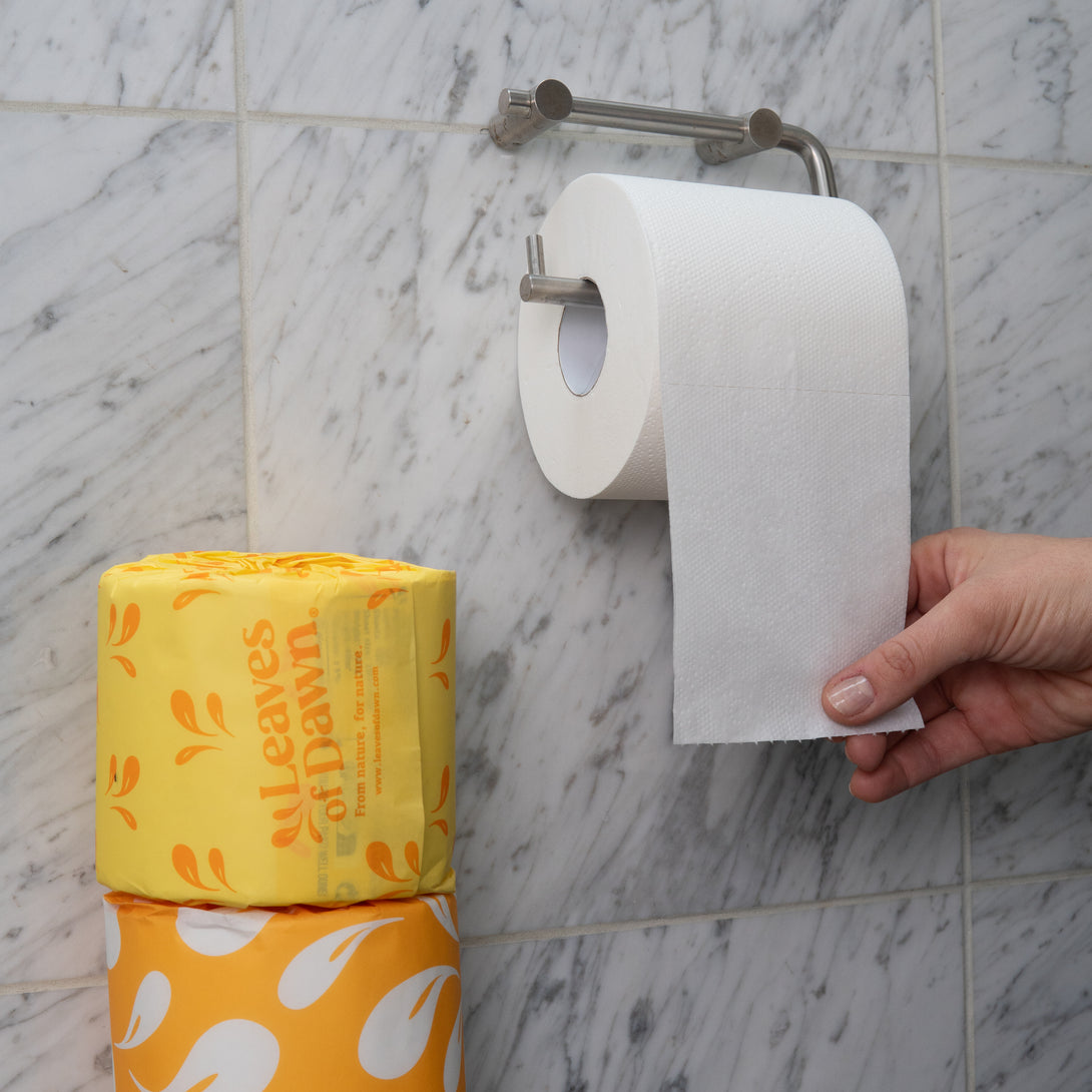 Leaves of Dawn bamboo toilet papers rolls on a bathroom